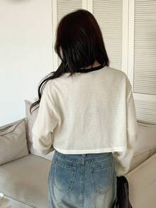 DAZY 拼接邊貼布細節落肩袖上衣 - 米色 - 查看 2