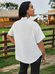 SHEIN VCAY Plus Solid Button Front Knot Hem Shirt - White - View 4