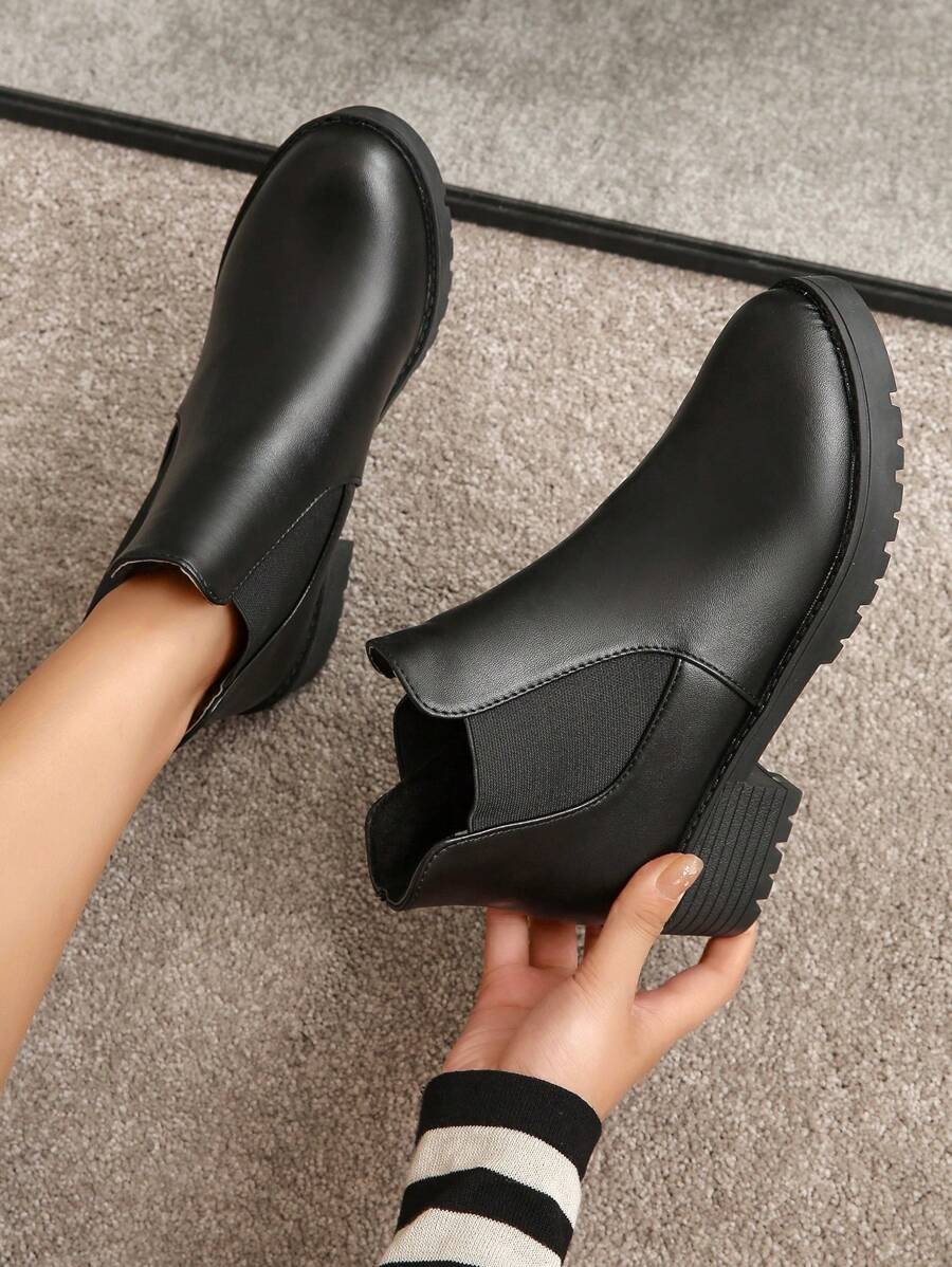 Botas cortas negras talla grande para mujer, con tacón grueso, suela robusta, estilo slip-on casual, en mezcla de tela y, tacón alto, para otoño/invierno hasta mitad de la pantorrilla