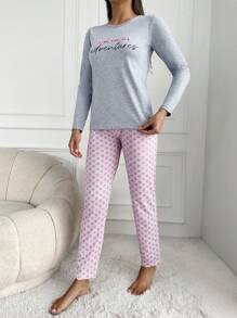 RueChic Conjunto de pijama de Camiseta con estampado de eslogan 100% algodón y Pantalones con estampado de lunares - Gris - Ver 4
