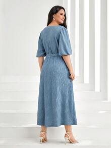 Mulvari Hơn Ống tay áo Váy có thắt lưng - Màu xanh bụi bặm - Xem 5