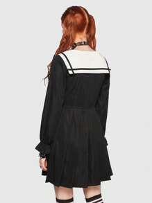 ROMWE J-Fashion 水手領百褶下擺洋裝不附腰帶 - 黑色 - 查看 5