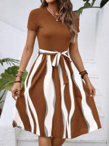 INAWLY Colorblock Belted Dress - Brown - View 3