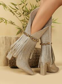 Kim loại Kết cấu Pointed Toe Dày Gót chân Phong cách phương Tây Giày Boots Cowboy Với Đồ trang trí Rhinestone & Dệt Sọc - Vàng - Xem 2