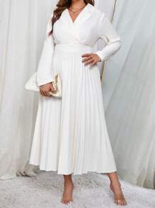 SHEIN Privé Plus Lapel Neck Pleated Hem Dress - White - View 3