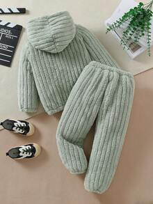 SHEIN 男小童素色毛絨帽衫和褲子 - 綠色 - 查看 2