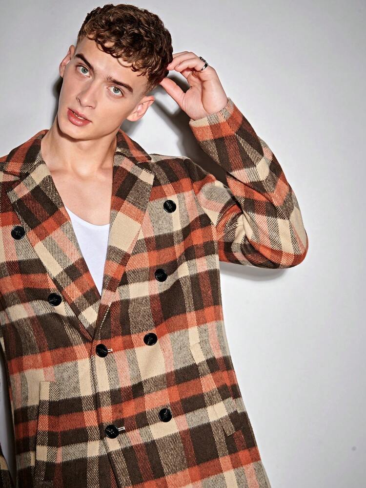 Loose Fit Men's Plaid Double-Breasted Overcoat