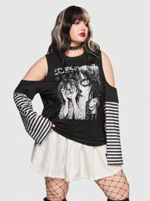 ROMWE Anime 人像圖案挖肩T恤 - 黑色 - 查看 5