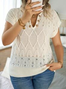 Calvaya Plus Button Detail Batwing Sleeve Pointelle Knit Top - White - View 4