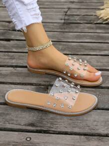 女士流行夏季開放式腳趾涼鞋,具有透氣設計和鑲嵌鑽石裝飾 - 卡其色 - 查看 2