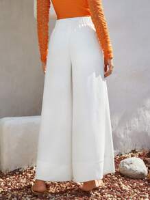 SHEIN Clasi 素色闊腿褲 - 白色 - 查看 2