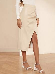 SHEIN Clasi 高腰圍裹下擺PU皮革半身裙 - 杏色 - 查看 3