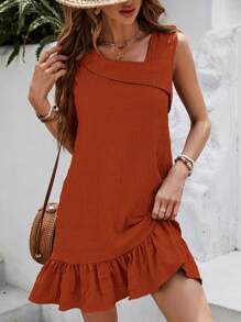 SHEIN VCAY Chất rắn Xù Hoa Sen Đầm - Màu Cam cháy - Xem 1