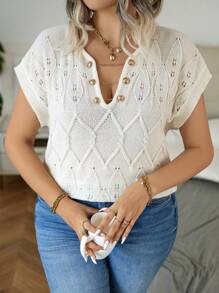 Calvaya Plus Button Detail Batwing Sleeve Pointelle Knit Top - White - View 3