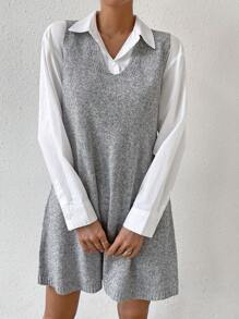 SHEIN LUNE 素色V領毛衣洋裝 - 灰色 - 查看 4