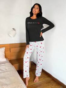 EURMUSE Heart & Slogan Graphic PJ Set - Black and White - View 3