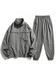 Men Zip Up Drop Shoulder Jacket & Pants - Grey - View 1