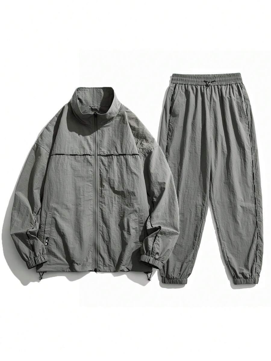 Men Zip Up Drop Shoulder Jacket & Pants - Grey - View 1