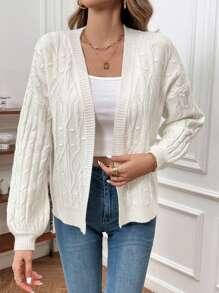 SHEIN Frenchy Cable Knit Drop Shoulder Cardigan - White - View 3