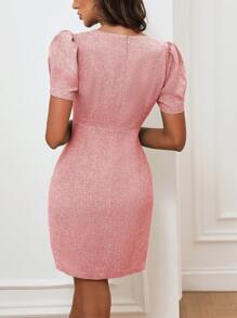 SHEIN Privé Sweetheart Neck Puff Sleeve Button Front Tweed Dress - Pink - View 2