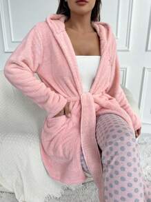 RueChic Dual Pocket Hooded Belted Flannel Sleep Robe - Pink - View 4