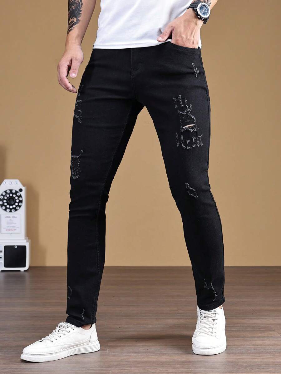 Manfinity Homme Men Ripped Frayed Skinny Jeans, Men Black Jeans, Men Distressed Jeans, Men Skinny Jeans - Black - View 1