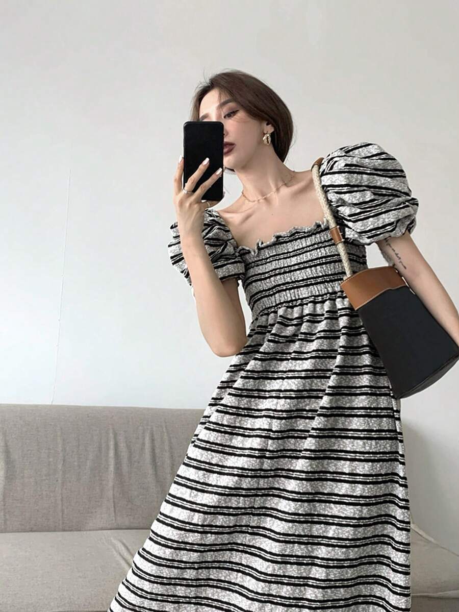 Striped Puff Sleeve Shirred Dress - Grey - View 1