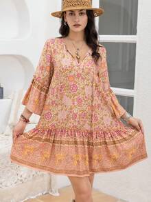 Rusttydustty In hoa tay áo lá sen Xù Hoa Sen Váy Smock - Màu Cam san hô - Xem 3