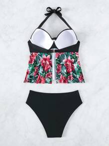 Tropical Print Ruffle Hem Tankini - Black - View 4