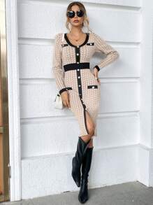 SHEIN Privé Contrast Trim Button Detail Sweater Dress - Multicolor - View 6