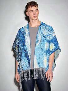 Manfinity RebelGame Nam Mẫu đồ họa Fringe Hem Áo choàng Mưa - Nhiều màu - Xem 4