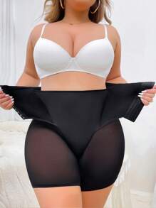 Plus Hook And Eye Front Contrast Mesh Shapewear Shorts - Black - View 4