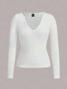 SHEIN BASICS 素色缺口V領短款T恤 - 白色 - 查看 6