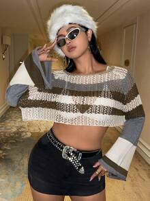 SHEIN ICON Hơn Mẫu sọc Đan Mở Áo len Crop Không có áo ngực - Nhiều màu - Xem 4