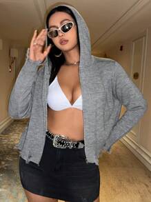 SHEIN ICON Plus Solid Raw Hem Hooded Cardigan Without Bra