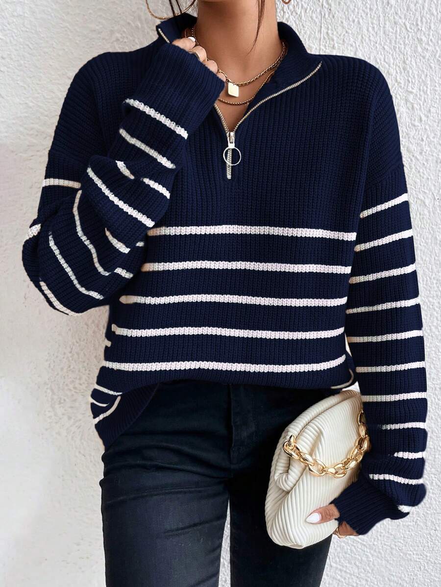 Calvaya Striped Pattern Half Zip Drop Shoulder Jumper - Royal Blue - View 1