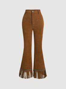 SHEIN MOD High Waist Fringe Hem Flare Leg Trousers - Rust Brown - View 1
