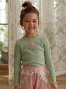 Cô Gái Trẻ Hoa Đã vá Ren Mộc nhĩ Áo thun - Màu xanh Bạc hà - Xem 4