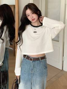 DAZY 拼接邊貼布細節落肩袖上衣 - 米色 - 查看 4