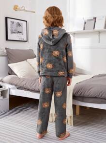 SHEIN Cậu bé Tween In Gấu Túi kangaroo áo có mũ Flannel Bộ PJ - Nhiều màu - Xem 4