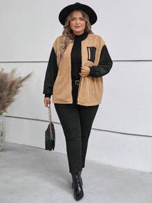 SHEIN Clasi Hơn Khối màu Thả vai Áo Teddy Jackets - Nhiều màu - Xem 4