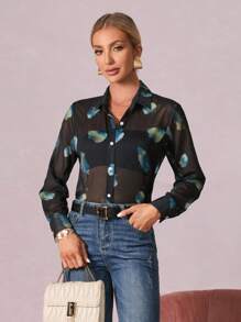 SHEIN Clasi Camisa con estampado de dibujo con botón delantero sin sujetador - Negro - Ver 3