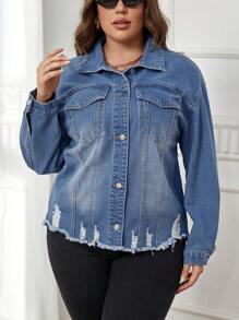 SHEIN Essnce 大碼落肩袖毛邊緣牛仔夾克 - 中等水洗藍 - 查看 6