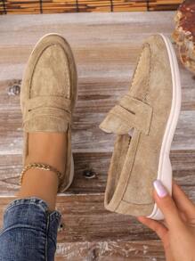 2025 Autumn Women's Slip-On Loafers With Buckle Strap Decoration, Beige Flat Shoes - Khaki - View 3