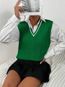EMERY ROSE Striped Trim Cable Knit Sweater Vest Without Blouse - Green - View 7