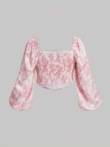 SHEIN MOD Talla grande Blusa con estampado floral de cuello cuadrado de manga farol