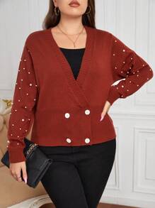 SHEIN Clasi 休閒珠子 雙排釦 珍珠純色大碼開衫 - 鏽棕色 - 查看 5