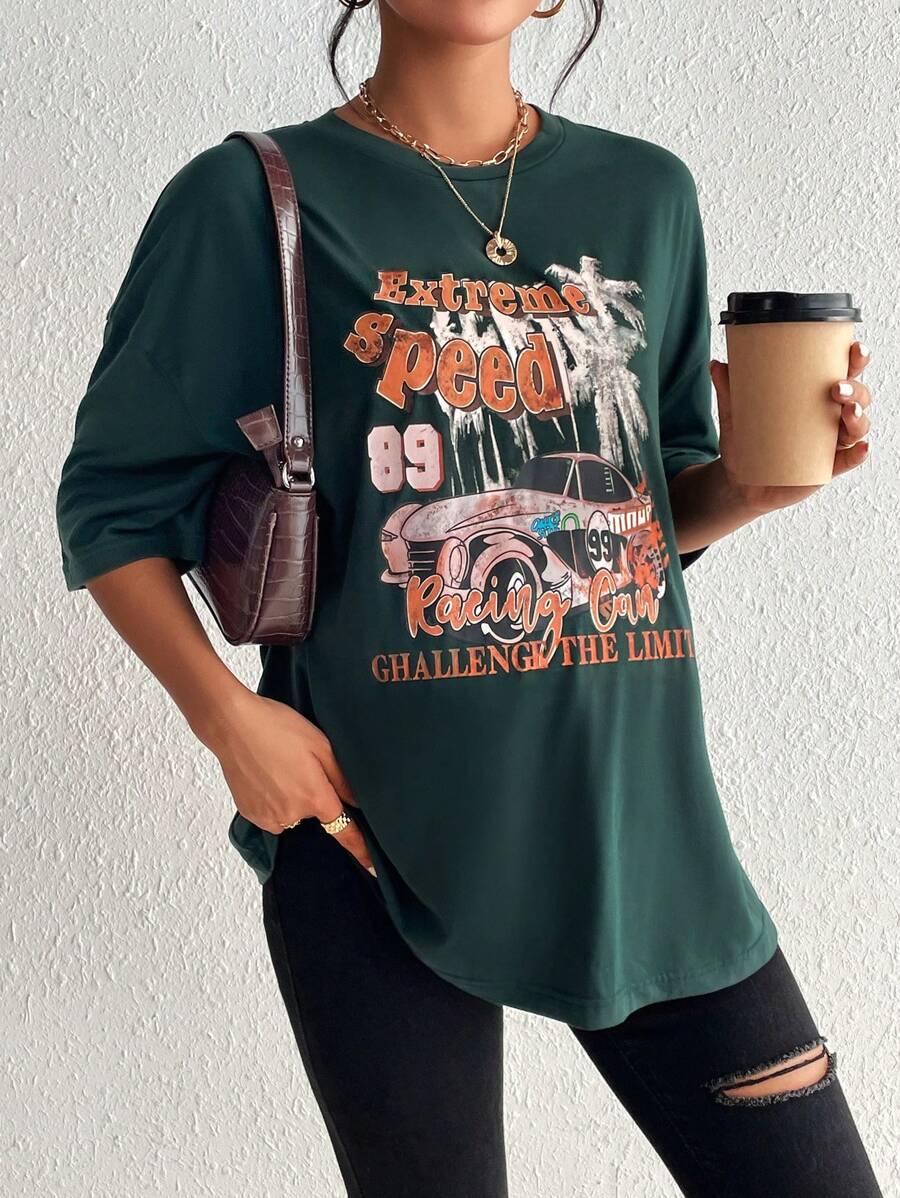 SHEIN Maternity Car & Letter Graphic Drop Shoulder Tee