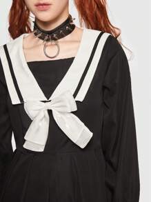 ROMWE J-Fashion 水手領百褶下擺洋裝不附腰帶 - 黑色 - 查看 3