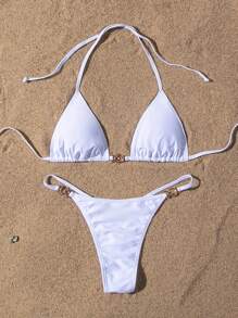 Swim Vcay Summer Beach Ring Linked Halter Triangle Bikini Set - White - View 1